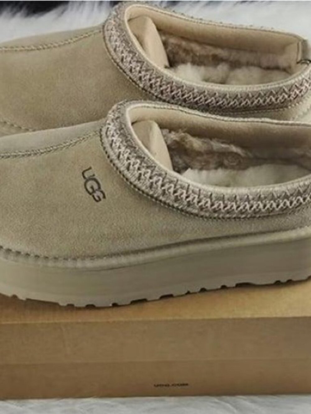 UGG Tazz Platform Suede Clog Slippers Neutral Sand Driftwood